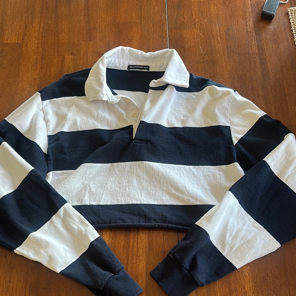 Brandy Melville Navy and White Cropped Polo